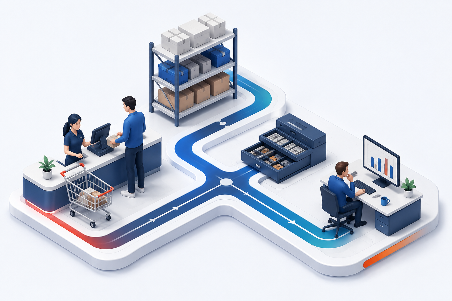 Circuito de un comercio: la venta en caja actualiza el depósito, concilia el efectivo y entrega información para decidir